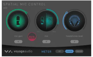 Voyage Audio Spatial Mic Control interface showing three green and blue circular control dials against dark background