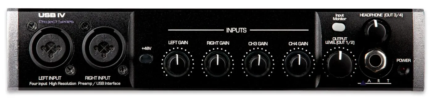 ART USB Pre IV audio interface with dual XLR inputs on left, four gain knobs and output controls across dark front panel
