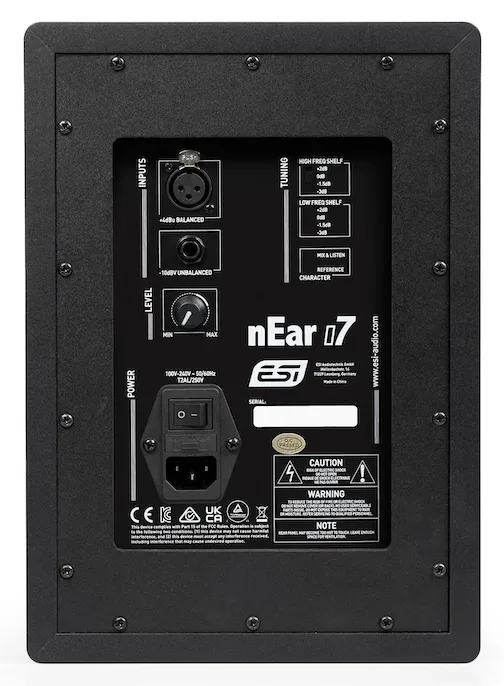 Rear panel of ESI nEar i7 studio monitor showing inputs, controls, and power socket on dark background