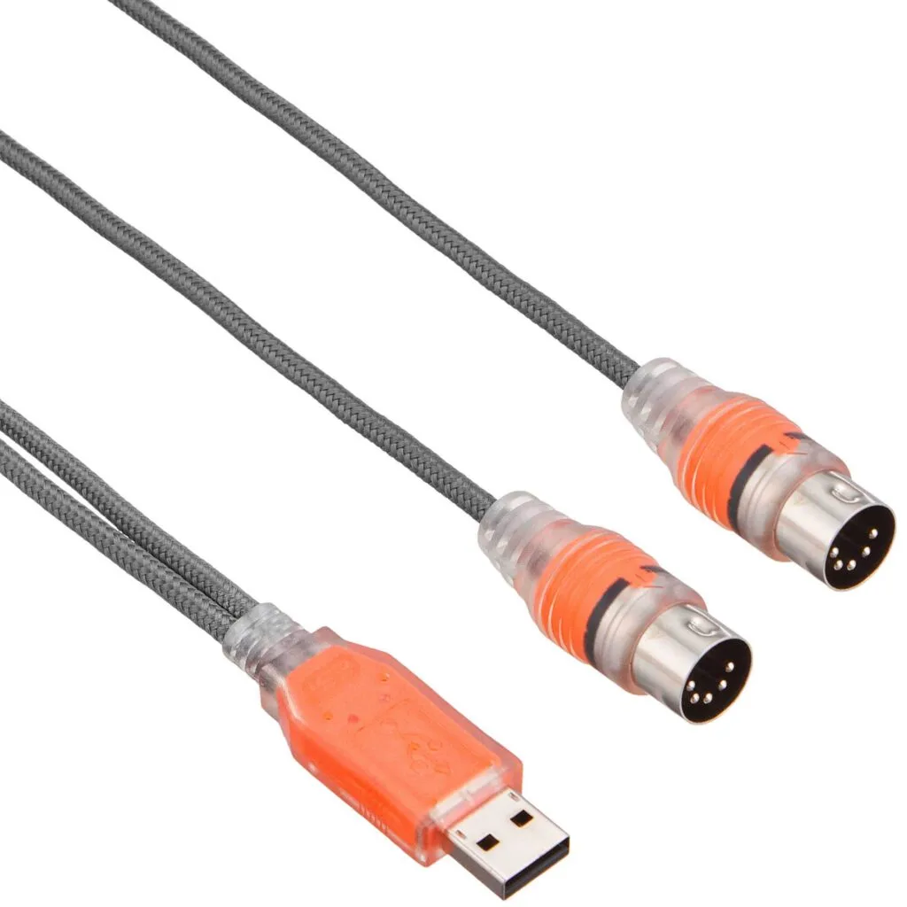 ESI MIDIMATE eX USB MIDI controller cable with braided gray sheath, orange connectors, and two 5-pin DIN connectors angled right