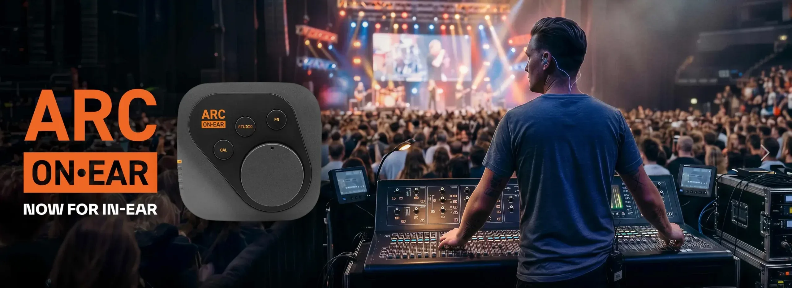 ARC On-Ear headphones displayed next to sound engineer at large concert venue with stage lights and crowd