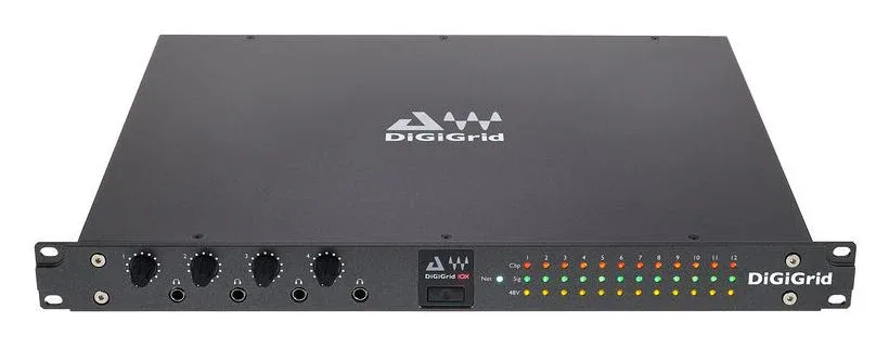 DiGiGrid IOX audio interface, front view showing four rotary knobs on left and LED meter display on right, 1U rack mountable