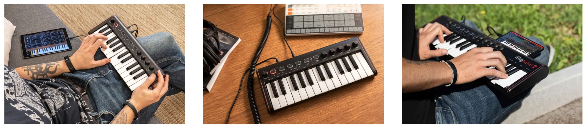 Hands playing black iRig Keys 2 Mini keyboard controller on lap indoors, showing compact 25-key layout