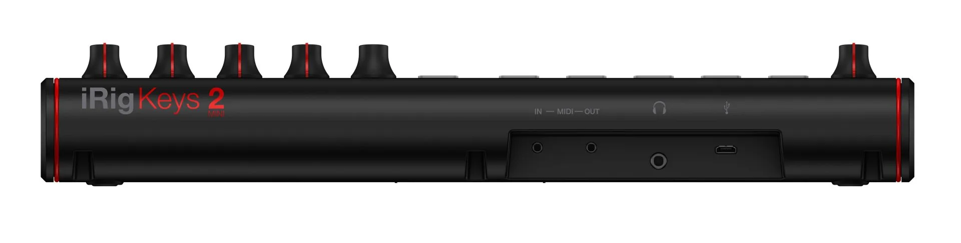 iRig Keys 2 Mini keyboard controller, top-down view showing four black touch-sensitive pads and red accent trim