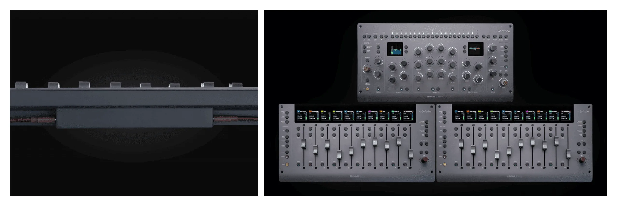 Softube Console 1 Fader MKIII control surface shown from above with dual 10-channel fader banks and central master unit