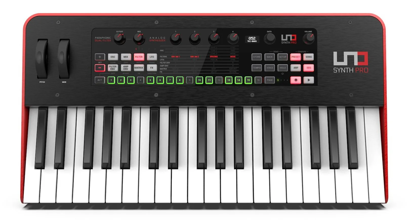 UNO Synth Pro red and black synthesizer with 37 keys, control knobs, and illuminated pads viewed from above