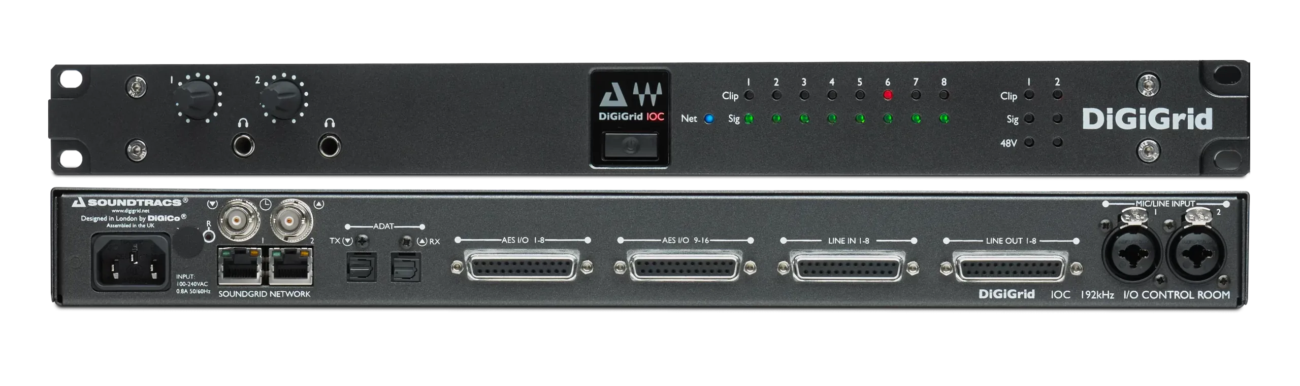 DiGiGrid IOC audio interface shown from above, displaying network ports, AES I/O connectors, and control panel with clip indicators.