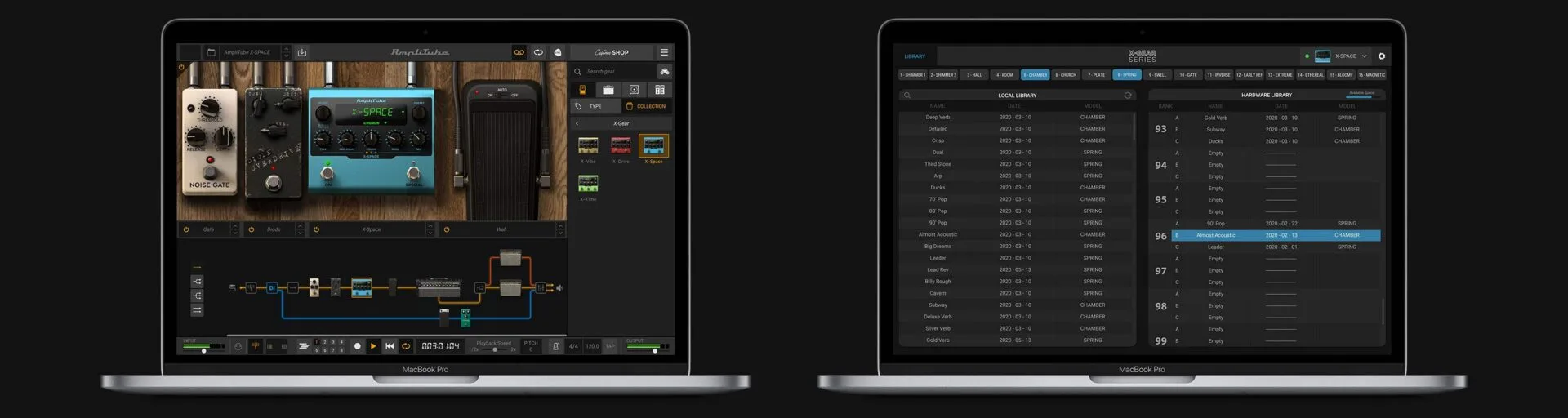 IK Multimedia AmpliTube X-SPACE plugin interface showing signal flow diagram with effects routing and guitar amp modeling controls