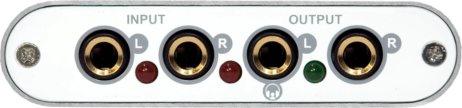 ESI U24 XL audio interface front panel with four gold-ringed jacks: two labeled INPUT (L/R with red indicators), two labeled OUTPUT (L/R with green
