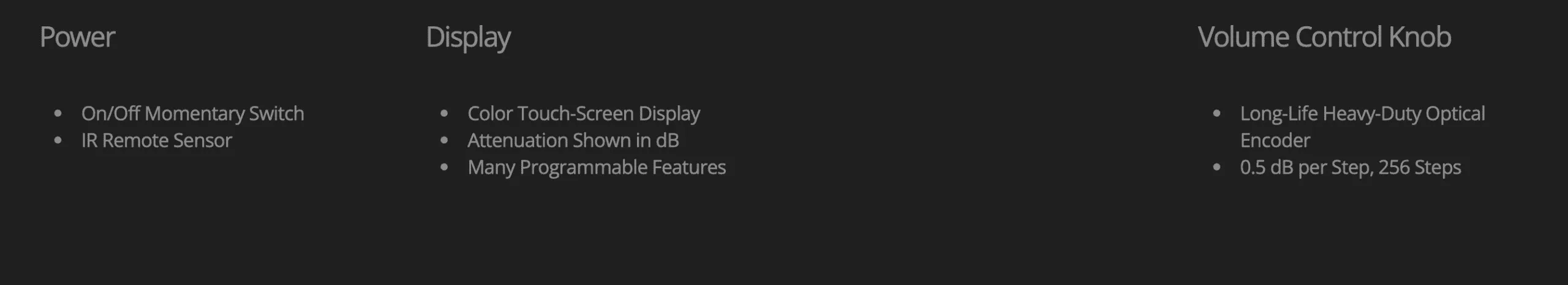 Benchmark LA4 amplifier feature specifications showing power controls, color touchscreen display, and optical encoder volume knob details
