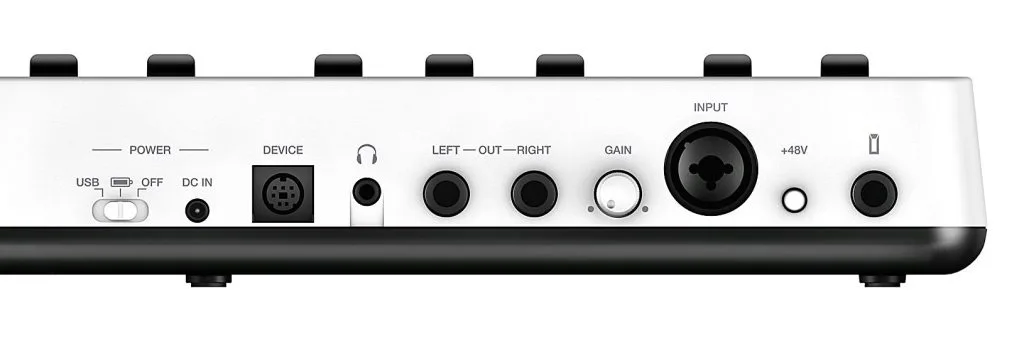 Top-down view of iRig Keys I/O 25 controller showing power section, device port, headphone jack, left/right output knobs, gain control, and large