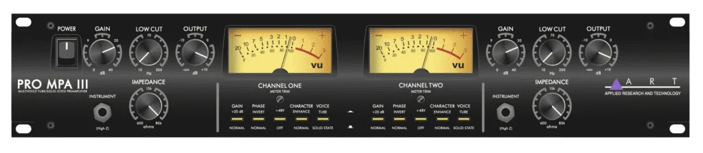 ART PRO MPA III dual-channel microphone preamp with dual VU meters, knobs and switches against black faceplate