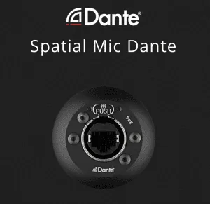 Dante Spatial Mic, spherical black microphone with control ring and eight surrounding buttons, top-down view