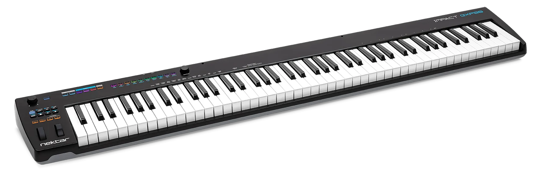 Nektar Impact GXP 88 keyboard with 88 weighted keys, black chassis and control panel, angled view on white background