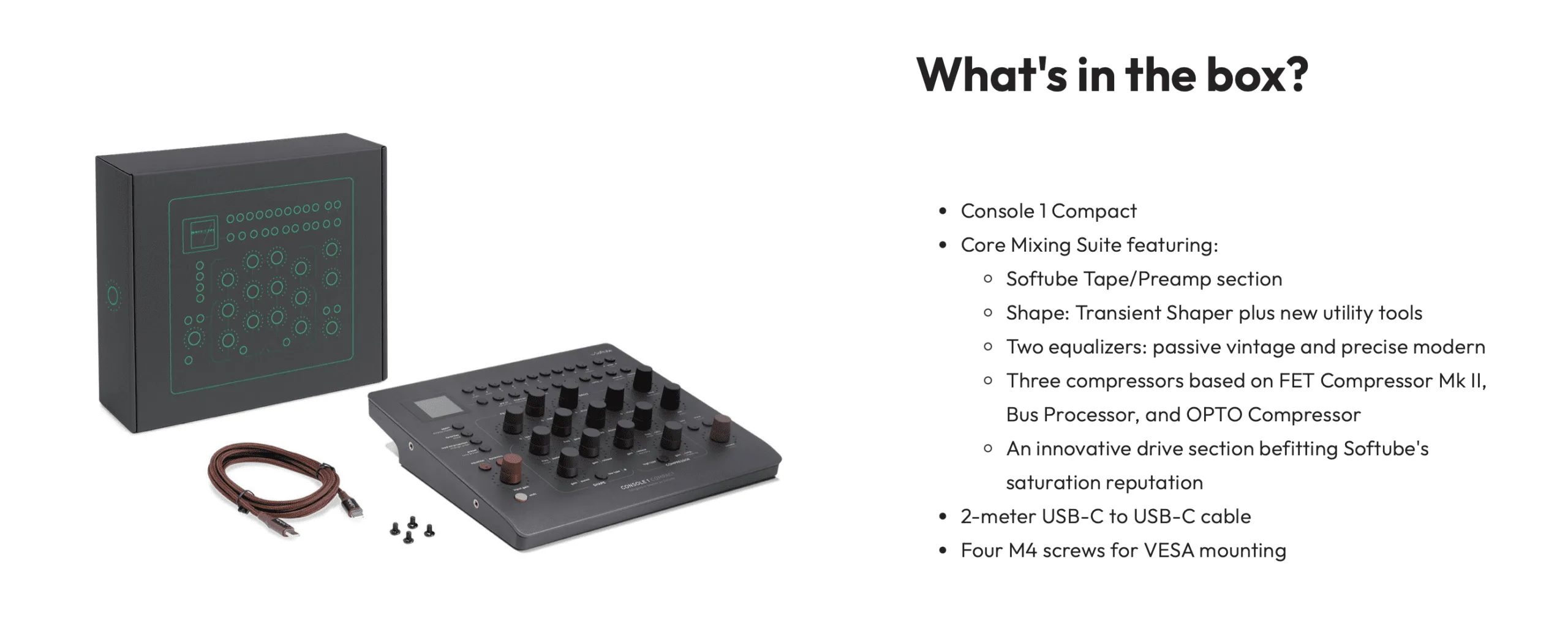 Softube Console 1 Compact mixing console with USB cable and mounting screws displayed against white background