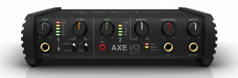 Black AXE I/O Solo audio interface with dual input/output jacks, gain and monitor knobs, and MIDI I/O ports, front view.
