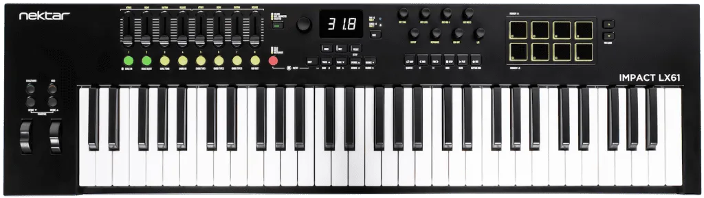 Nektar Impact LX61 mk3 61-key MIDI keyboard controller, black with white keys, viewed from above at slight angle