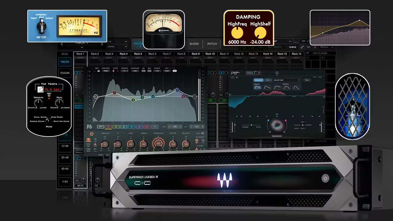Waves SuperRack LiveBox M hardware interface with dual Dante ports, silver chassis with black front panel displaying waveform graphics