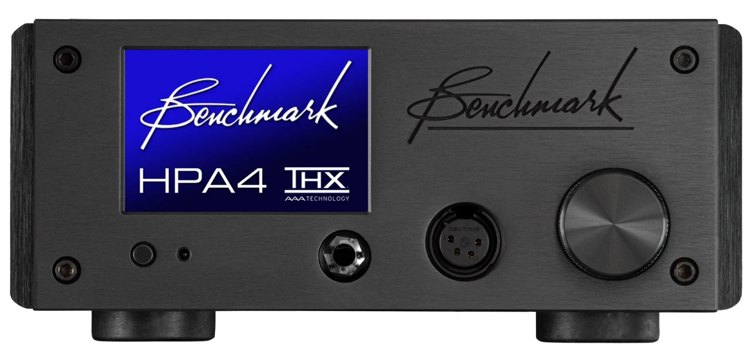 Benchmark HPA4 THX headphone amplifier, top-down view showing blue display screen, metal faceplate with volume knob and connectors