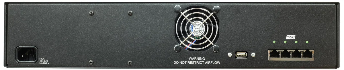Rear panel of DiGiGrid DGS-XL audio interface showing cooling fan, power inlet, USB port, and network connectors