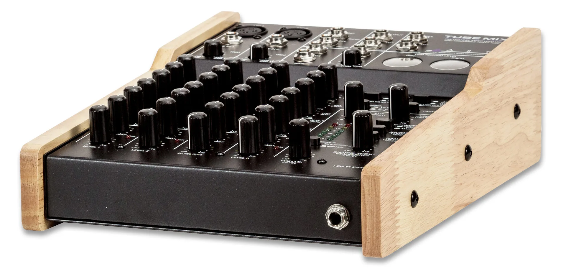 ART TubeMix mixer with wooden side panels, black faceplate, multiple black knobs and XLR connectors visible