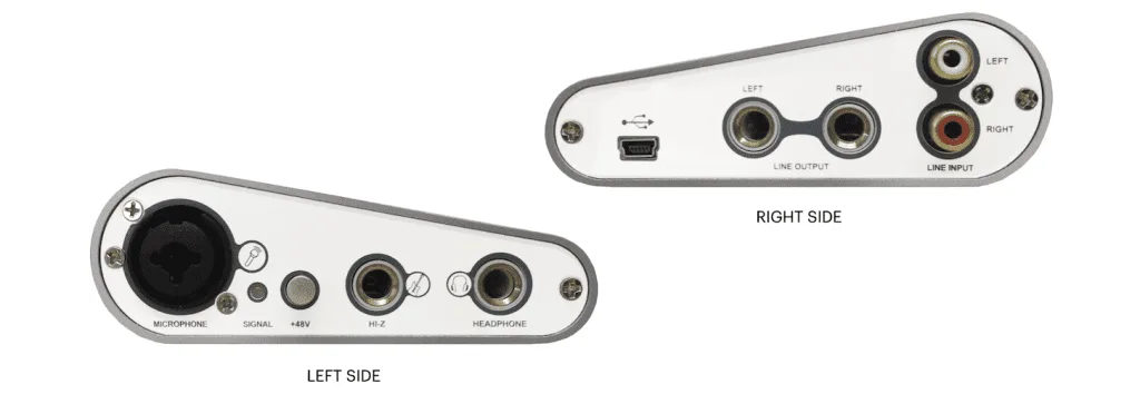ESI MAYA22 USB audio interface shown from left and right sides, displaying microphone, headphone, and line I/O connections on white background.