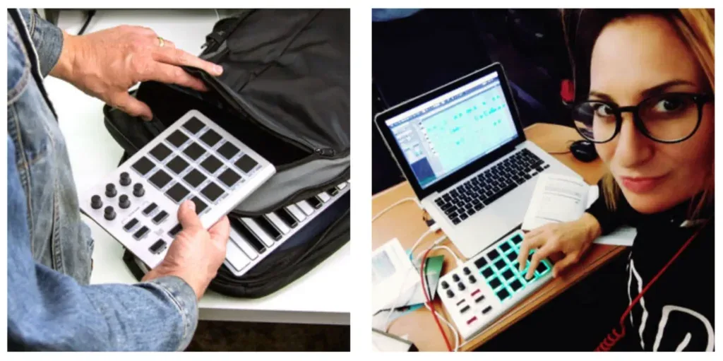 White 16-pad drum machine with black knobs and buttons, shown being held over a laptop and keyboard setup