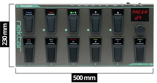 Nektar Pacer foot controller, top view showing 10 black footswitches with LED indicators and red LED display, 500mm wide