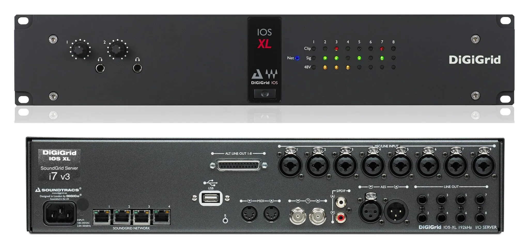 DiGiGrid IOS-XL audio interface front panel with 8 channels of I/O connectors and LED indicators, shown above SoundGrid i7 V3 server unit with
