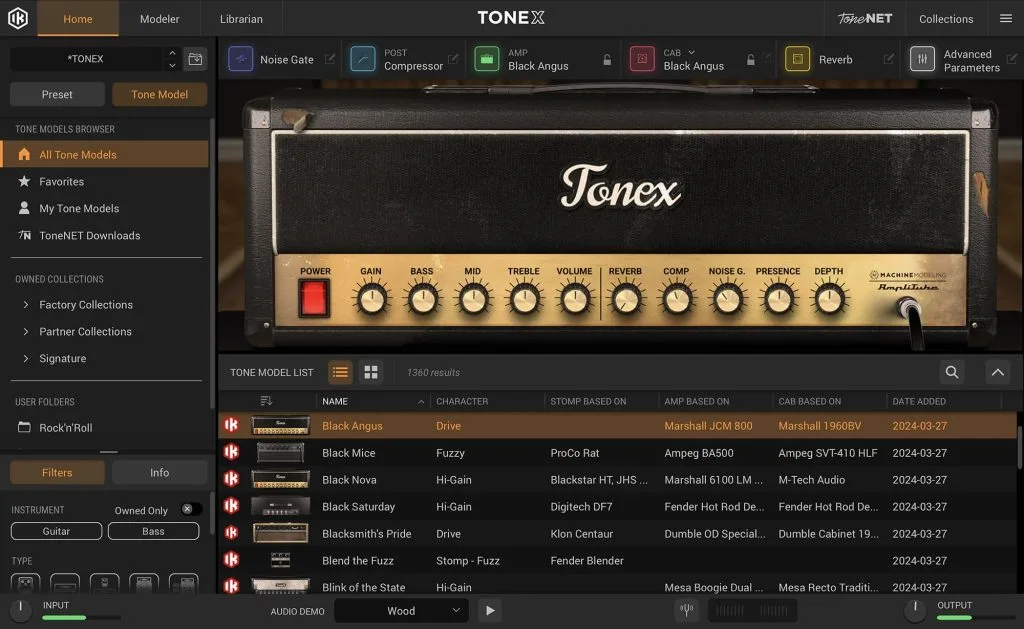IK Multimedia Tonex guitar amp modeling software interface showing vintage amplifier controls and tone model browser list.