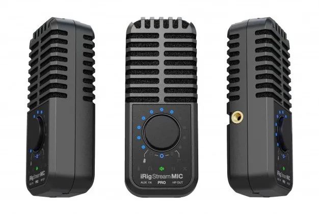 iRig Stream Mic Pro shown from three angles: front, back, and side views revealing ribbed grille, control knob, and blue input/output ports