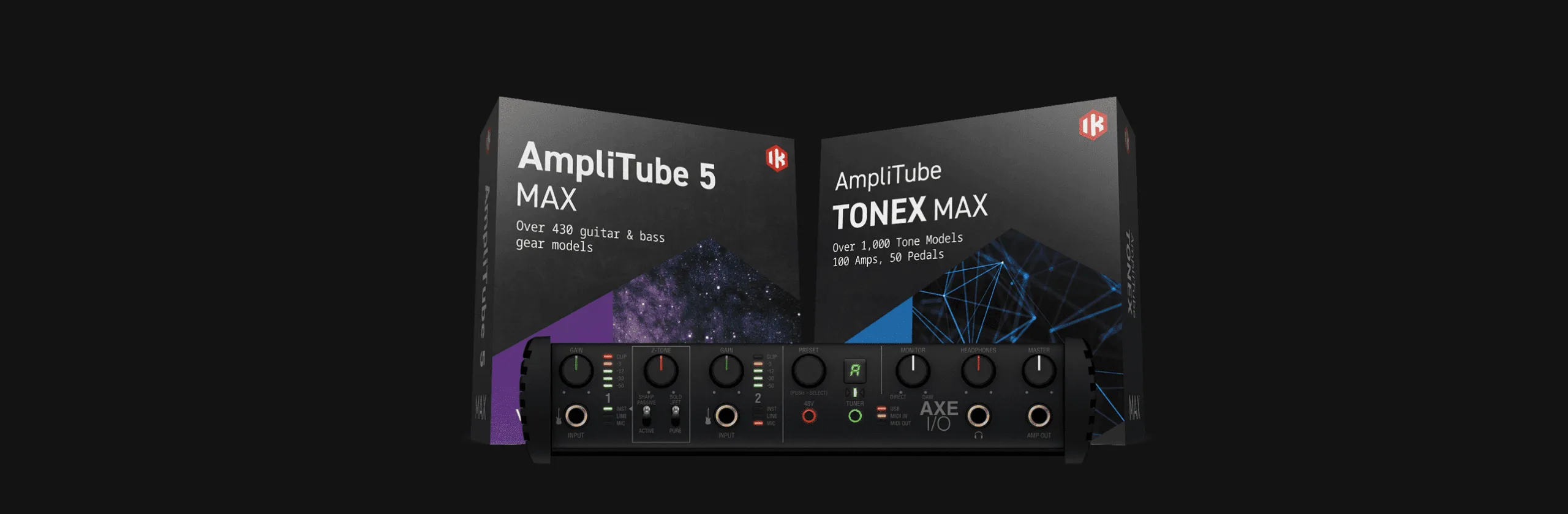 IK Multimedia AmpliTube 5 MAX and TONEX MAX software boxes with audio interface hardware displayed front-on against black background