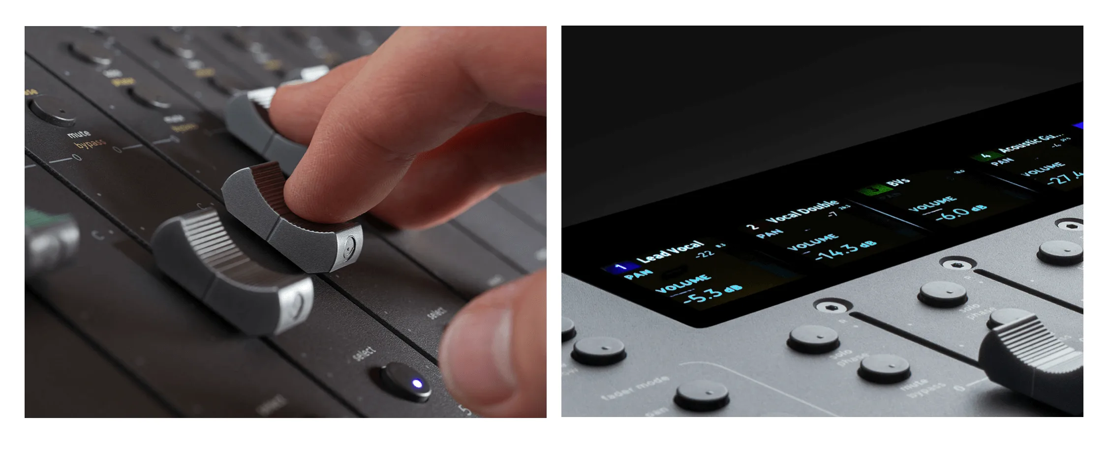 Hand adjusting a fader on the Console 1 MKIII mixer, showing textured knob and control surface detail