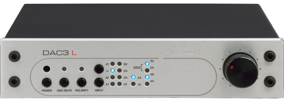 Benchmark DAC3 L silver digital audio converter, front panel view with input buttons, DSD/PCM selector, and volume knob