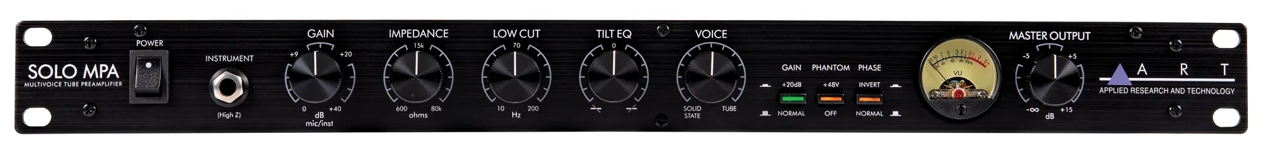 ART Solo MPA microphone preamp, front panel view showing gain, impedance, low cut, tilt EQ, voice controls and master output meter