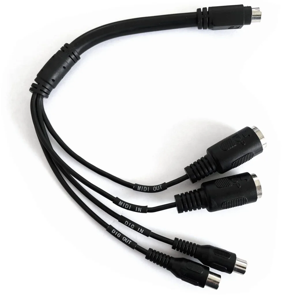 Black MIDI cable breakout with four separate connectors splaying from central hub on white background
