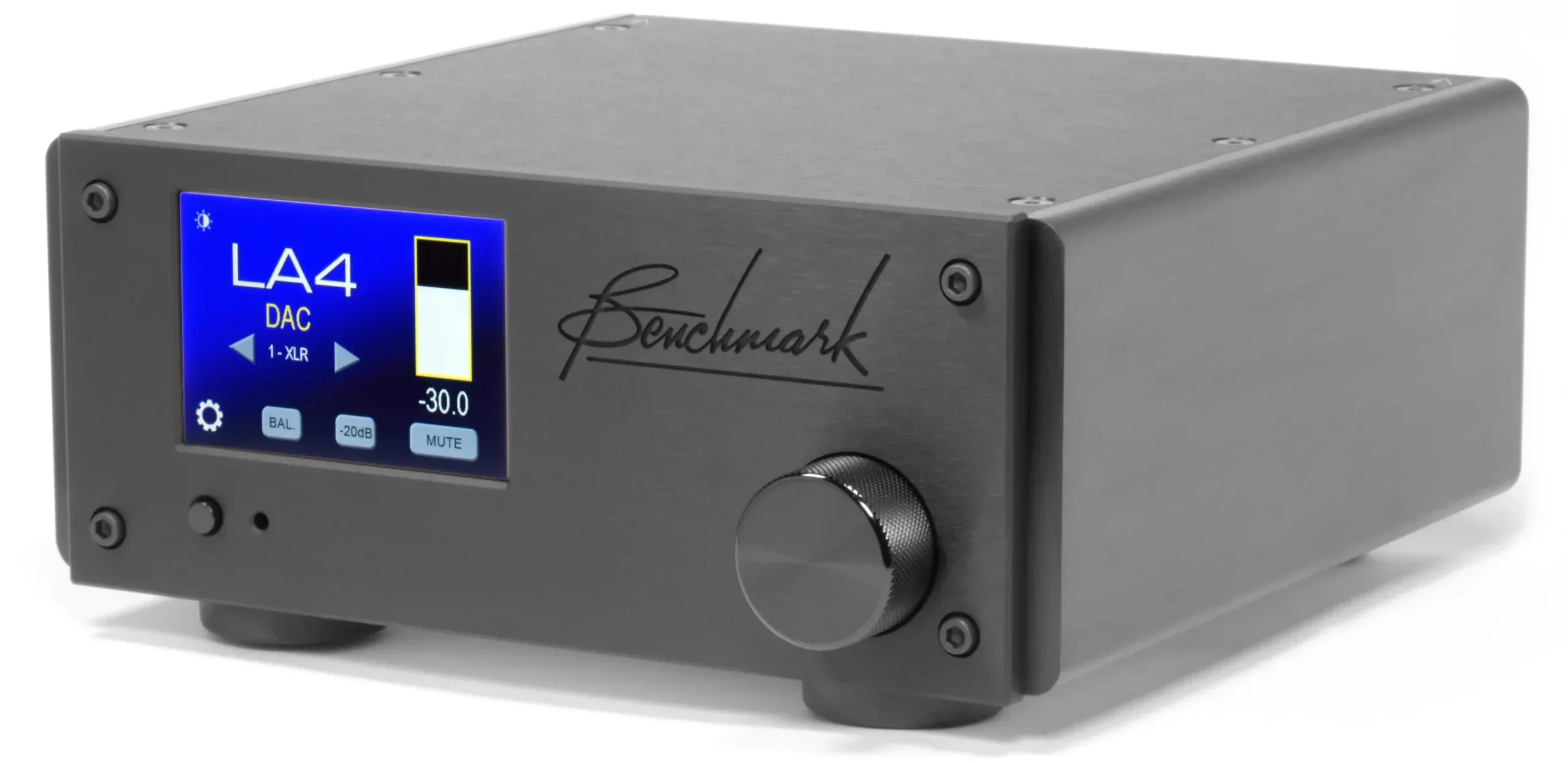 Benchmark LA4 DAC amplifier, dark gray chassis with blue display showing LA4 DAC and -30.0 dB level, volume knob visible on right side