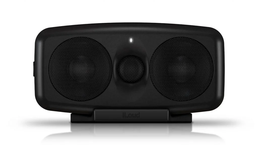 iLoud MTM MKII pair: black compact studio monitors front view with dual woofers and center tweeter on white background