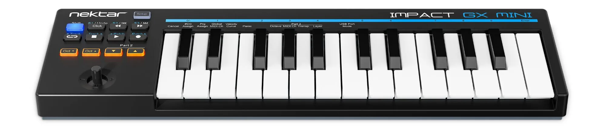 Nektar Impact GX Mini keyboard controller, top-down view showing 25 white and black keys with left-side control panel
