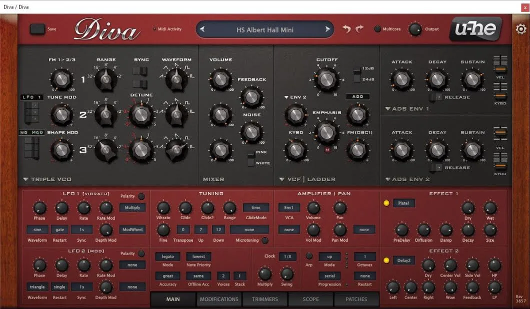 uhe Diva synthesizer plugin interface showing red wooden-textured panel with numerous knobs, sliders, and controls for sound synthesis and effects