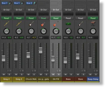 DAW mixer view with channel faders and pan controls