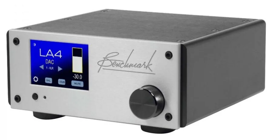Benchmark LA4 silver desktop DAC with blue display screen, volume knob, and black top panel against white background