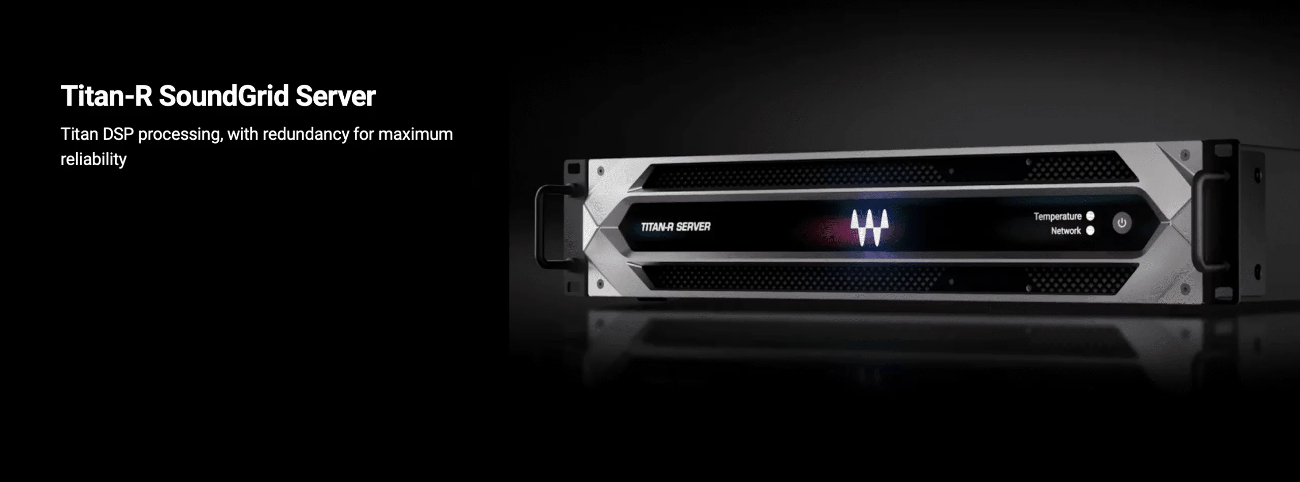 Waves Titan-R SoundGrid Server, silver and black 2U rackmount unit with illuminated logo and status indicators