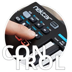Nektar Impact GX Mini keyboard controller with finger pressing blue pad, black casing with illuminated controls visible