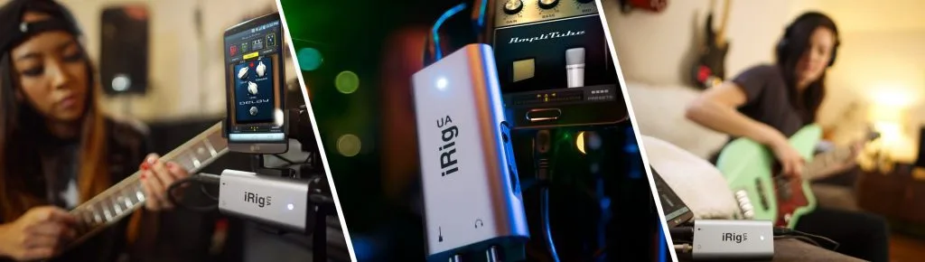 iRig UA audio interface shown in white and blue, displayed at three angles with musicians using it in home studio settings