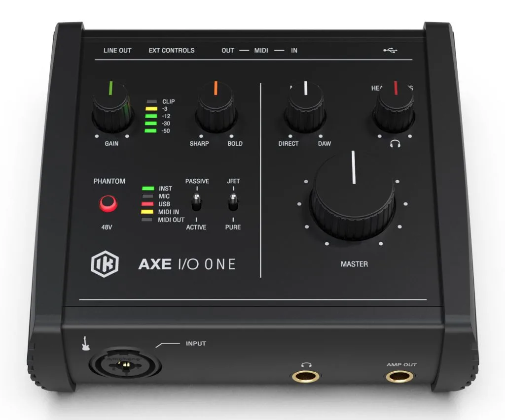 Universal Audio AXE I/O ONE interface, top-down view showing black chassis with control knobs, phantom power button, and I/O connectors