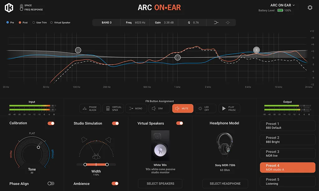 ARC On-Ear audio interface showing frequency response graph with blue and orange waveforms, control panel with band 3 settings, and headphone model
