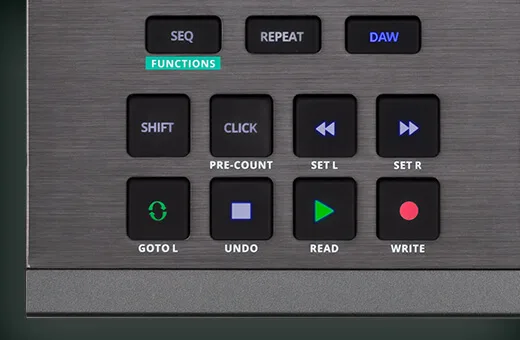 Nektar Aruba controller showing 12 black buttons with cyan labels arranged in three rows on textured gray panel