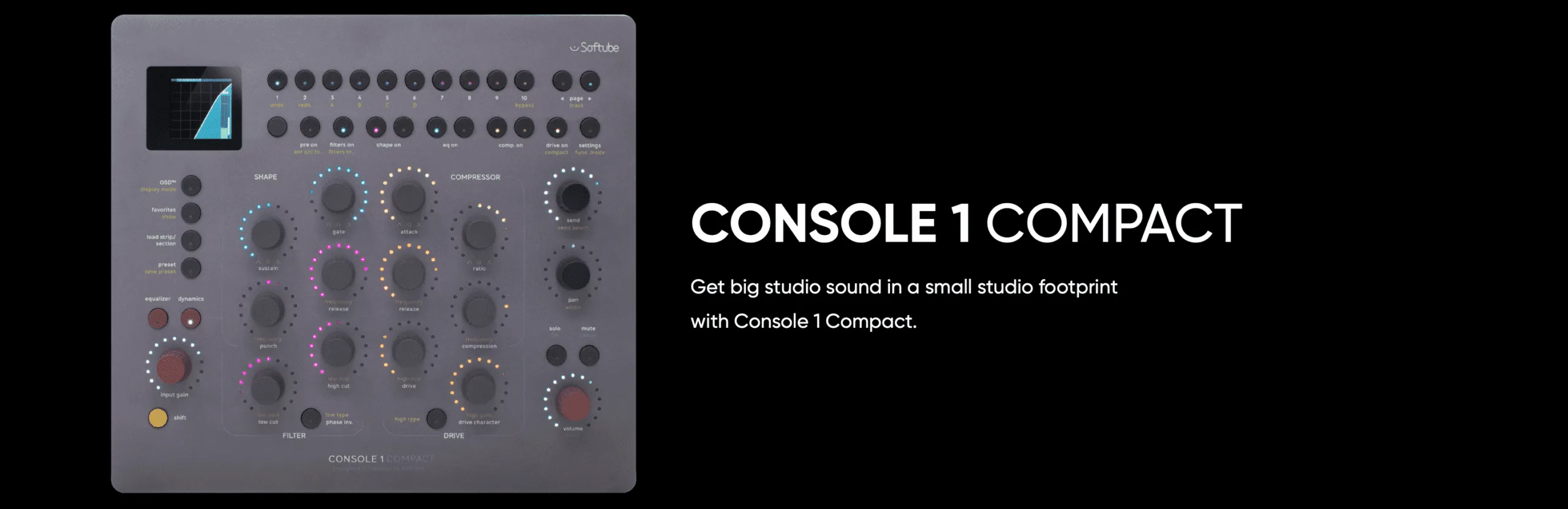 Softube Console 1 Compact mixing console against black background, showing grey control panel with illuminated knobs and small display screen.