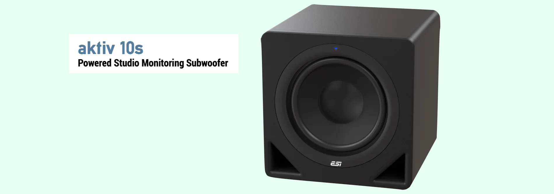 Black cube-shaped ESI aktiv 10s subwoofer with front-facing driver, angled 3/4 view against pale background